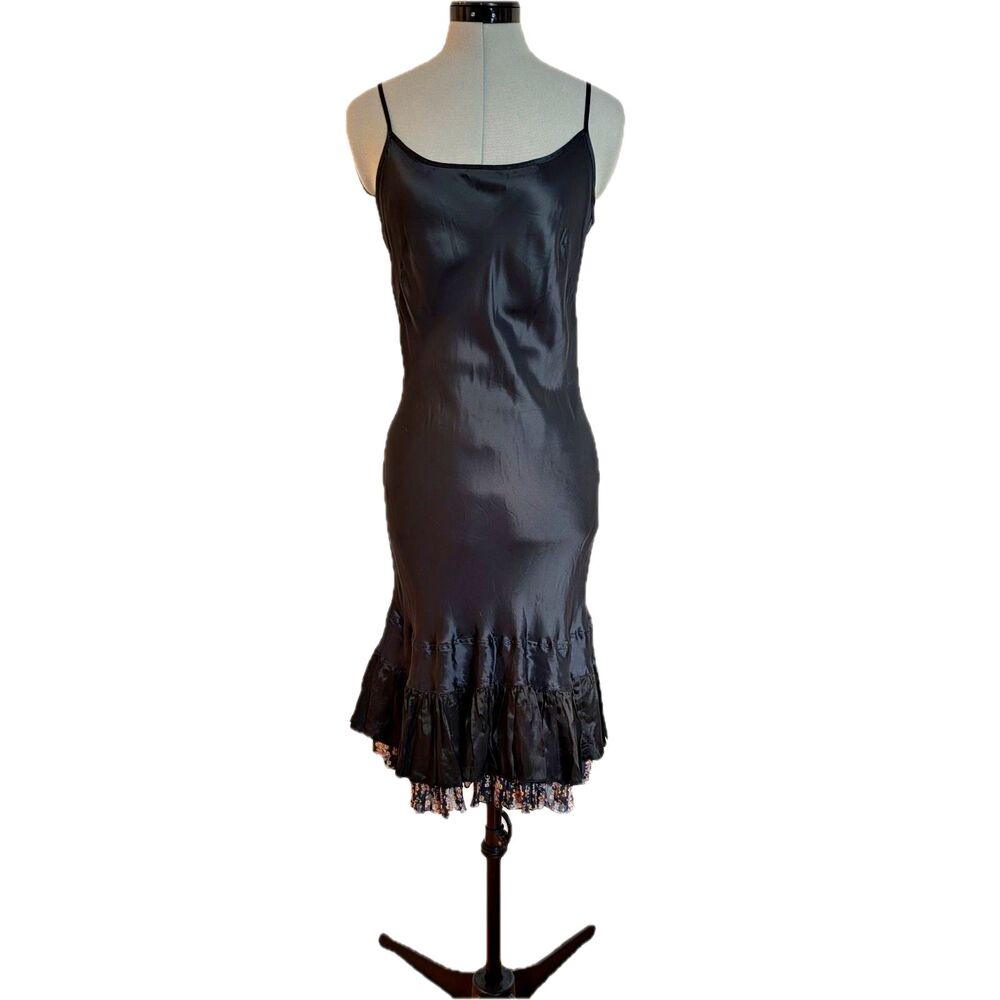 HIGH USE Made In Italy Gunmetal Black Liquid Satin Floral Ruffle Slip Dress Sz S